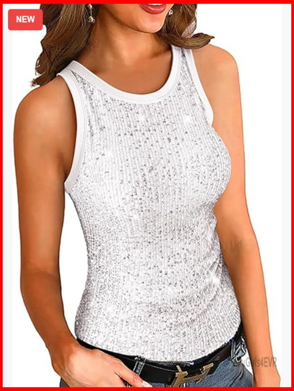 Sequin Sparkle Tank Top Slim Fit Crewneck Sleeveless Blouse Casual Summer